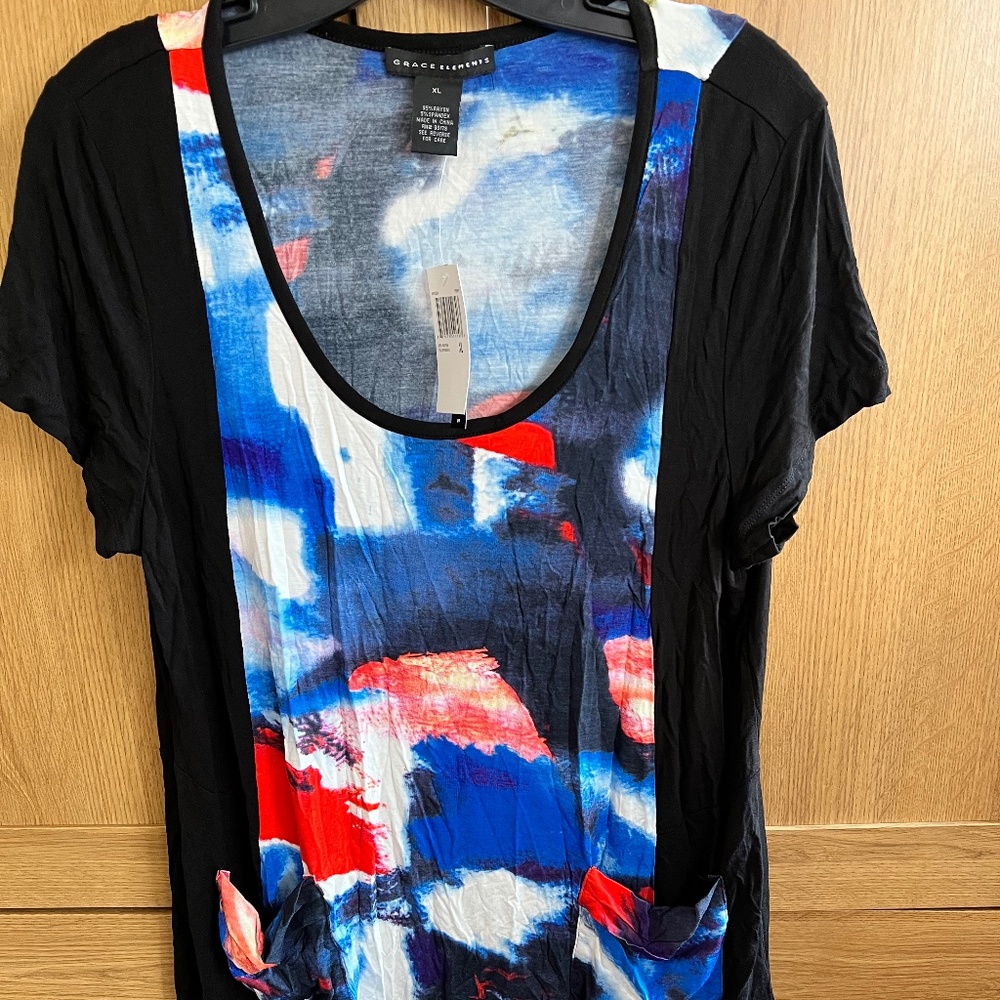 GRACE ELEMENTS long stretchy tunic top shark tails w/pockets BNWT